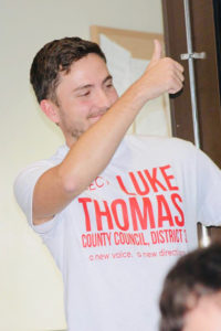 UofL graduate Luke Thomas gave the thumbs up on election night in November 2018 after winning the District 3 seat on county council.