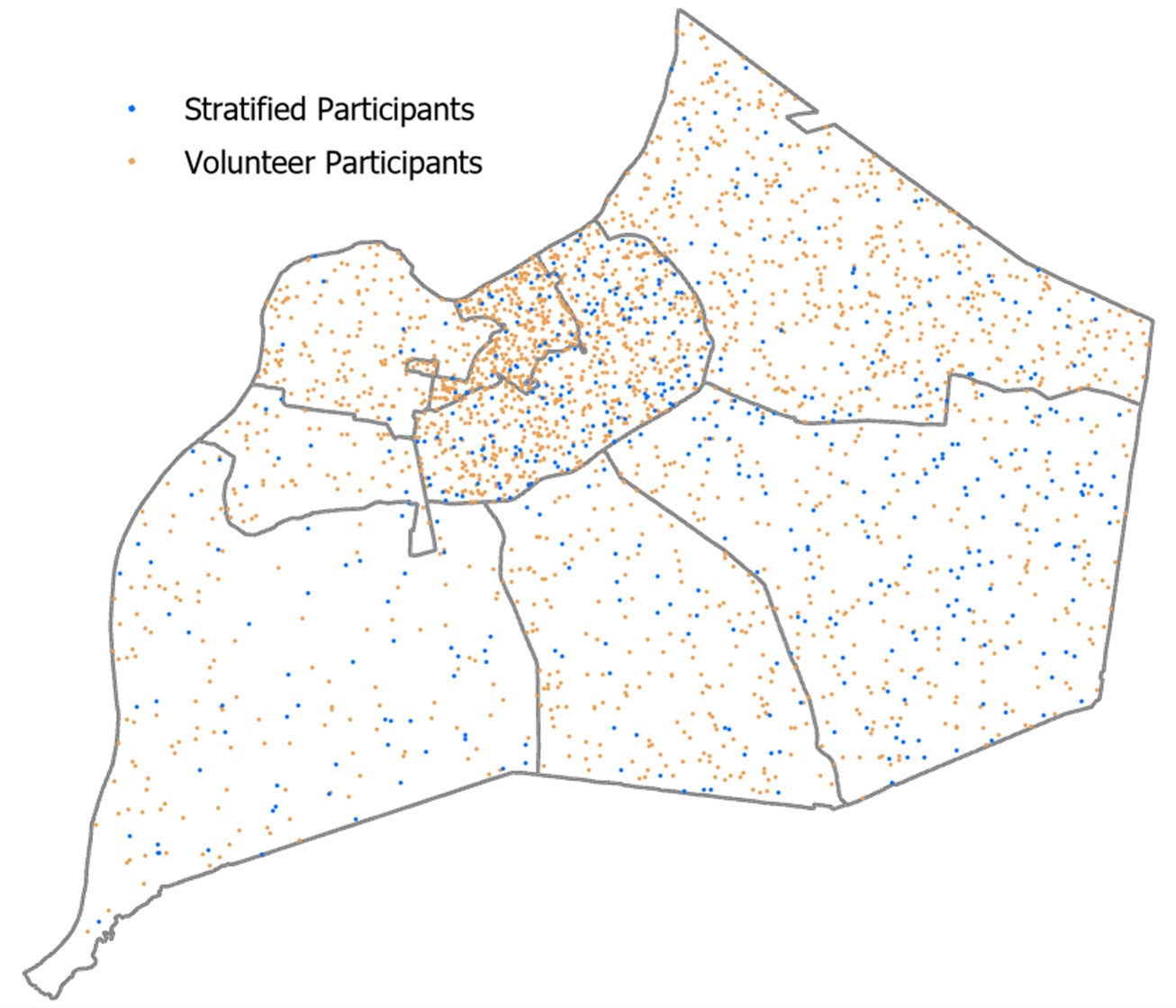 Map 1:  Residential location of individuals tested for SAR-CoV-2 infection. Blue dots are participants who responded to mailed invitations (stratified), orange dots are individuals who self-volunteered for testing.