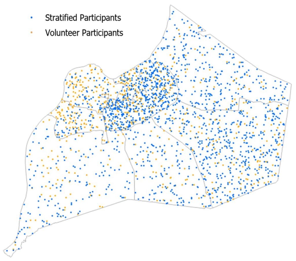 MAP 1: Residential locations of individuals tested for coronavirus infection during the second round of Co-Immunity Project Phase II. Blue dots are participants who responded to mailed invitation and yellow dots are individuals who self-volunteered for testing.