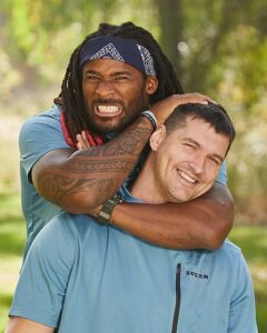 Gary Barnidge ’07 with his former Carolina Panthers teammate and former NFL division rival DeAngelo Williams.