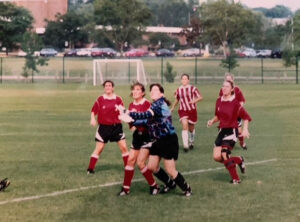 Kathryn Klope vanTonder in action at a UofL women's soccer game in the early 90s. 