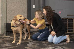 Students scratching a therapy dog in Ekstrom Library.