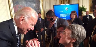 CEHD professor Mary Hums with Vice President Joe Biden in Washington, D.C., on July 20.