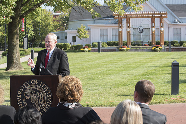 UofL President James Ramsey speaks Wednesday at the renaming of Freedom Park to Charles H. Parrish, Jr., Freedom Park.