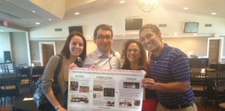 Pictured performing outreach at a Latino success program are, l to r: student and graduate instructor Sara Alvarez; assistant professor Steven Alvarez; assistant director of the Cultural Center Sarah Nunez; and student Luis Arduz.