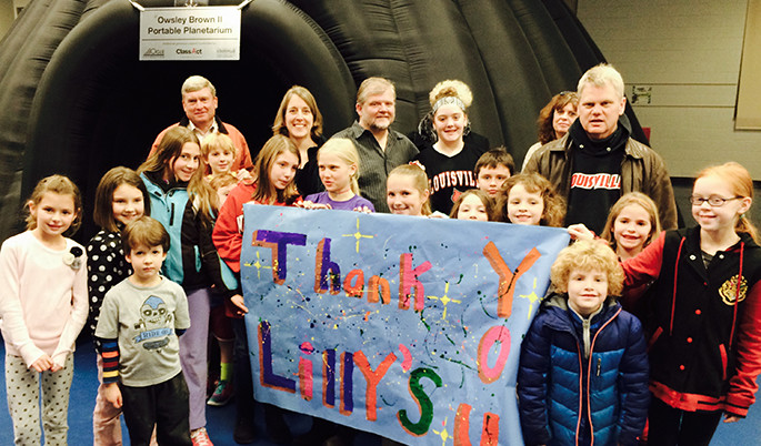 Students at Bloom Elementary school express their appreciation for a fundraiser that brought the Owsley Brown II Portable Planetarium to their school in 2014.