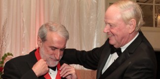 Dr. James Ramsey, UofL President, conferred the 2015 Leigh Ann Conn Prize for Renewable Energy to Dr. Daniel Nocera, left, the Patterson Rookwood Professor of Energy at Harvard University, during an award ceremony