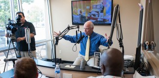 Mark Hebert conducting an interview in the studio.