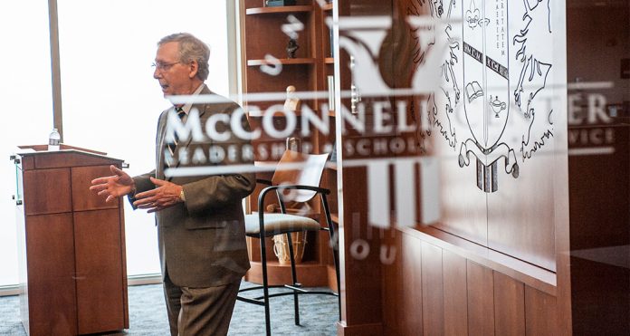 Majority Leader Mitch McConnell speaks to U.S. Army leaders at the McConnell Center