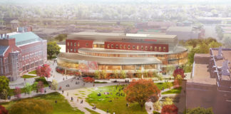 Rendering of the new Belknap academic building, aerial view.