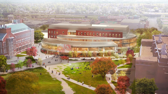 Rendering of the new Belknap academic building, aerial view.