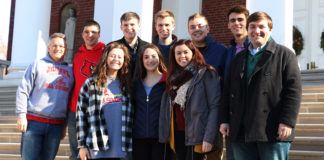 The McConnell Center’s moot court teams. From left to right, first row: Alicia Humphrey, Dasha Kolyaskina, Macey Mayes, assistant coach Sean Williamson. Back row: Head coach Neil Salyer, Eric Bush, Robert Gassman, Easton Depp, Jacob Abrahamson, Jasper Noble.