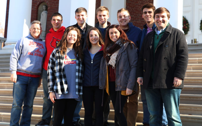 The McConnell Center’s moot court teams. From left to right, first row: Alicia Humphrey, Dasha Kolyaskina, Macey Mayes, assistant coach Sean Williamson. Back row: Head coach Neil Salyer, Eric Bush, Robert Gassman, Easton Depp, Jacob Abrahamson, Jasper Noble.