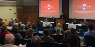 A crowd turned out at Chao Auditorium for a McConnell Center discussion on "President Trump: Challenges and Opportunities."