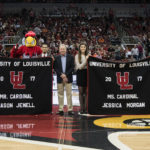 Jewell and Morgan were recognized at the men's basketball game by UofL Interim President Greg Postel (Center), 2008 Mr. Cardinal Brian Bennett and 2002 Ms. Cardinal Shannon Rickett.