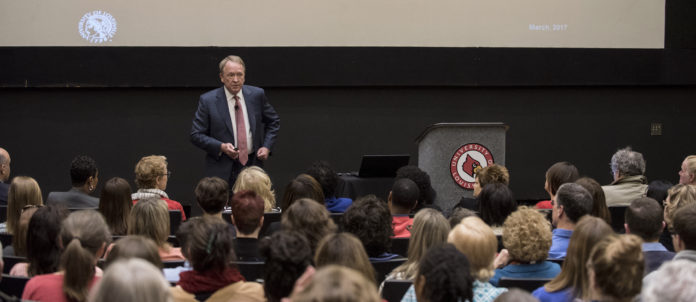 Interim President Dr. Greg Postel hosted budget forums on both the Belknap and HSC campuses.