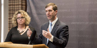 Jennifer Middleton, assistant professor of social work, and Kentucky Attorney General Andy Beshear discuss research about sex trafficking in homeless youth and the need to better identify and provide help for victims.