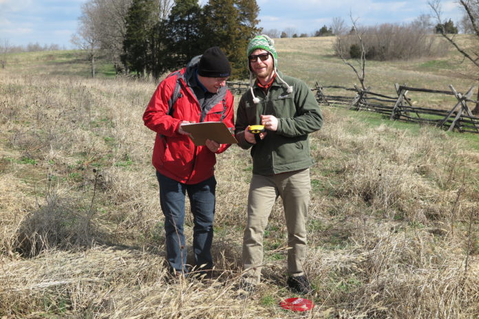 Project partners professors Daniel Krebs (History) and DJ Biddle (Geography & Geosciences) working with drone and GIS technology to create a story map of the 1862 Battle of Perryville.