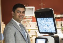 UofL tele-stroke consultation robot with Jignesh Shah, M.D., of the UofL Stroke Program