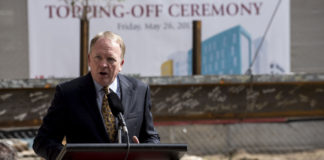 Dr. Greg Postel, UofL's interim president, speaks during today's top off ceremony for the new Pediatric Medical Office Building.