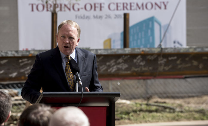 Dr. Greg Postel, UofL's interim president, speaks during today's top off ceremony for the new Pediatric Medical Office Building.