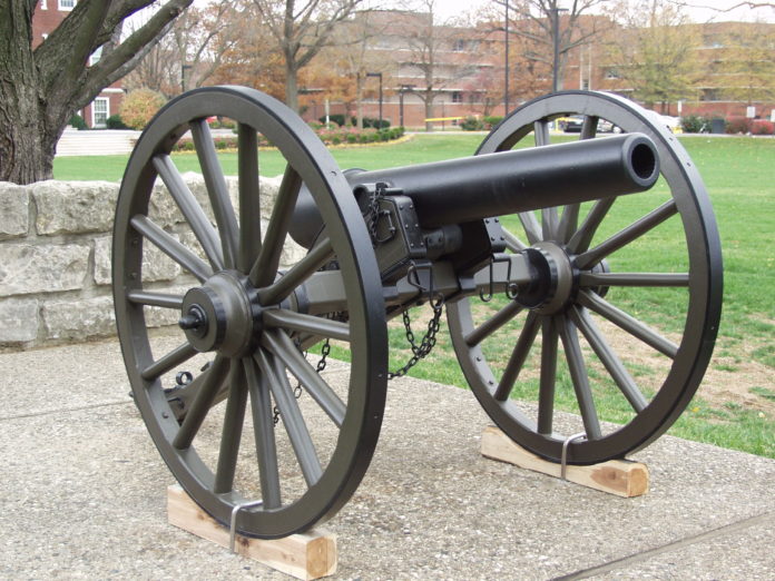 after cannonPA154624 This replica of a Civil War era 3-inch Parrott Rifle typically sits on the front lawn of the University of Louisville and was dedicated in Logan’s memory May 13, 1978, by retired Air Force Gen. Russell E. Dougherty, a 1948 graduate of the Brandeis School of Law. It is currently undergoing maintenance.