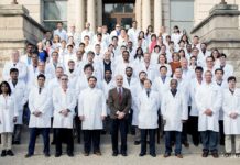 The research team on the Program Project Grant is shown on the steps of the Abell Administration Center at the UofL Health Sciences Center in October 2016, with principal investigator Roberto Bolli, M.D., at front center.