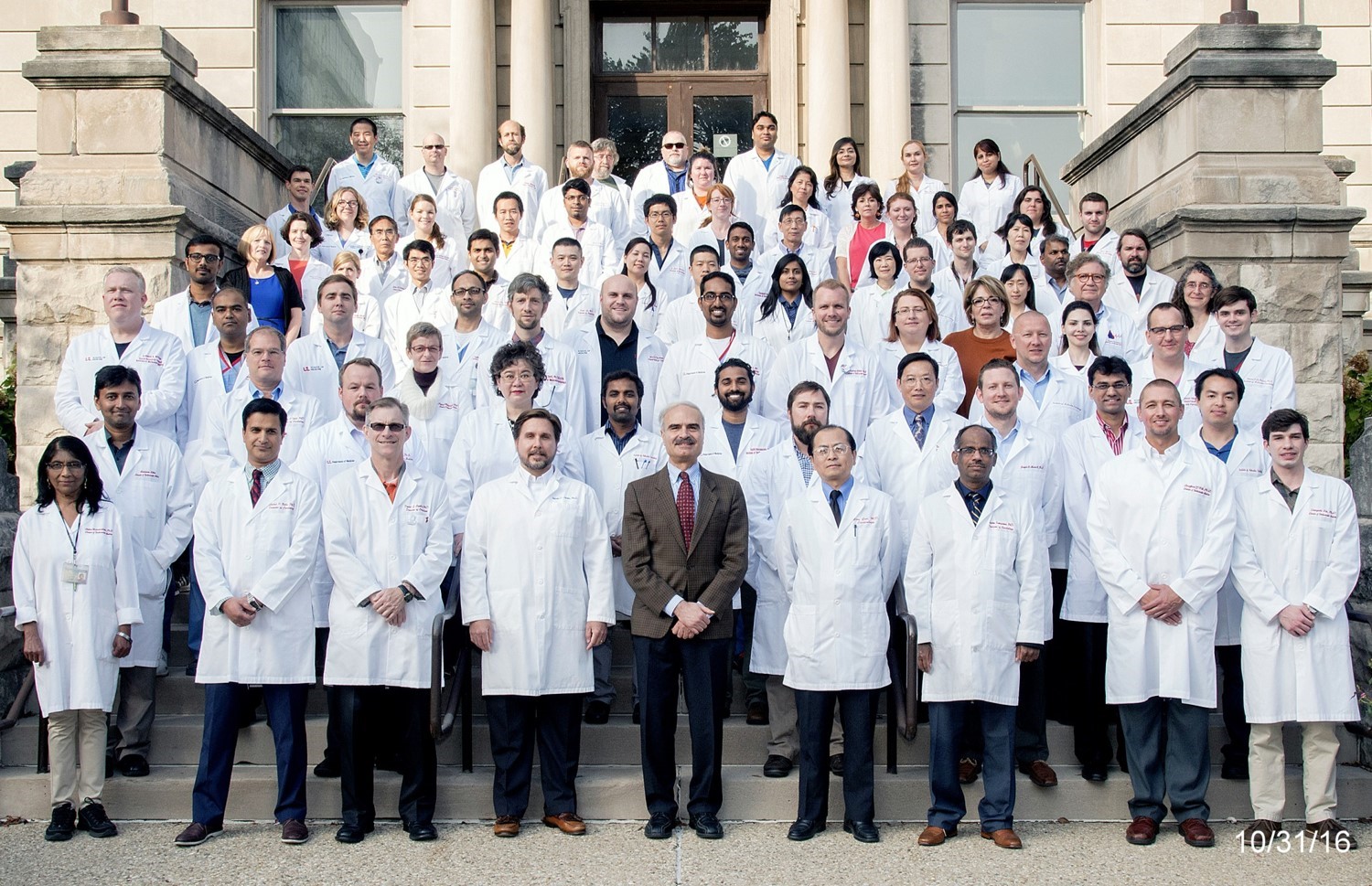 The research team on the Program Project Grant is shown on the steps of the Abell Administration Center at the UofL Health Sciences Center in October 2016, with principal investigator Roberto Bolli, M.D., at front center.