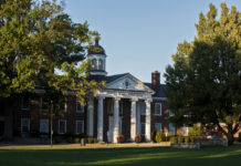Brandeis School of Law surrounded by trees in full bloom