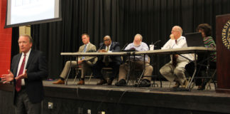 Dr. Greg Postel, left, hosted a panel discussion along with Brian Robinson, Ralph Fitzpatrick, Bill Pierce, Dale Billingsley and Mordean Archer-Taylor (left to right).
