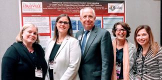 Members of the eQuality steering committee Monica Ann Shaw, M.D., M.A., Leslee Martin, M.A., Stacie Steinbock, M.Ed., and Susan Sawning, M.S.S.W., with Darrell Kirch, M.D., president and CEO of AAMC (center)