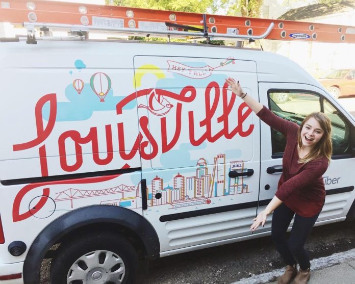 Ashley Trommler, a Hite alum, shows off her design for the Google Fiber installer vans.