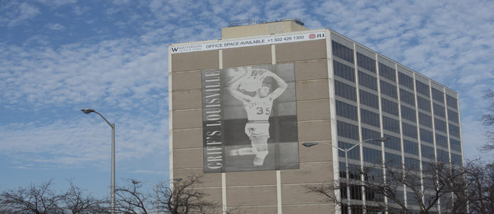 Darrell Griffith, UofL’s all-time leading scorer, is honored on the Watterson City Building along 1-264 East.