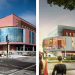 Progress shown on the Brook Street side of the new Belknap Academic Classroom Building, compared to the rendering.