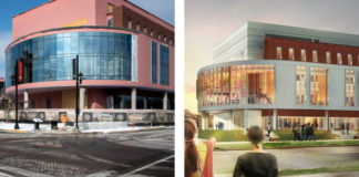 Progress shown on the Brook Street side of the new Belknap Academic Classroom Building, compared to the rendering.