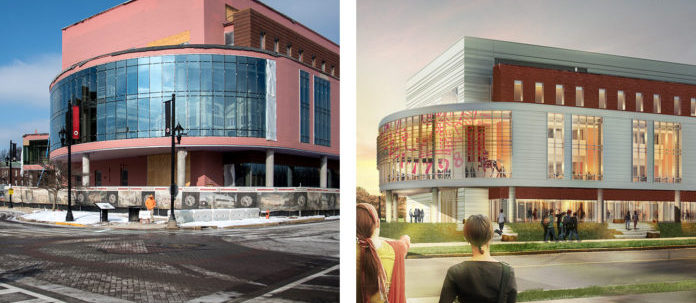 Progress shown on the Brook Street side of the new Belknap Academic Classroom Building, compared to the rendering.