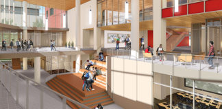 This Belknap Academic Building rendering shows the open spaces that encourage active learning.