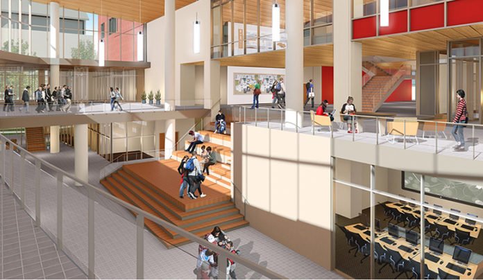 This Belknap Academic Building rendering shows the open spaces that encourage active learning.