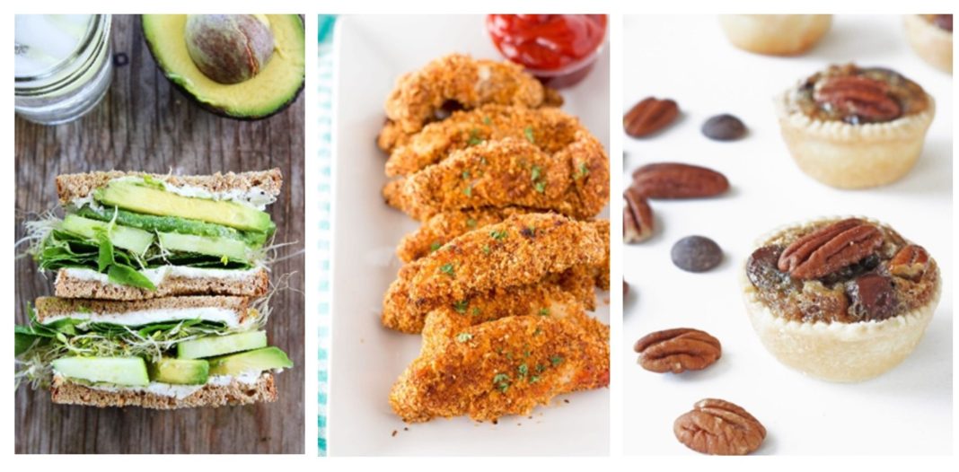 cucumber and avocado sandwiches, healthy chicken fingers, bite-sized Derby pies
