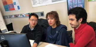 From Left: University of Louisville Ph.D. candidate Wenlong Sun, Dr. Olfa Nasraoui, and master student Sami Khenissi in the Knowledge Discovery and Web Mining Lab at the J.B. Speed School of Engineering.