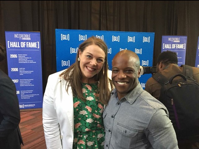 University of Louisville double-alum Tendai Charasika, CEO of SuperFan U (right), poses with Fund for the Arts’ Christen Boone at GLI’s Inc.Credible Awards. (Credit: Tendai Charasika)