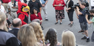 About 200 members of the UofL community gathered early Tuesday morning to greet President Bendapudi for her first official day on the job.