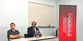 Drs. Thad Druffel (left), of Bert Thin Films and Mahendra Sunkara (right), of Advanced Energy Materials LLC, spoke at the pilot event of ShareIt, where UofL researchers share their experience with research commercialization.