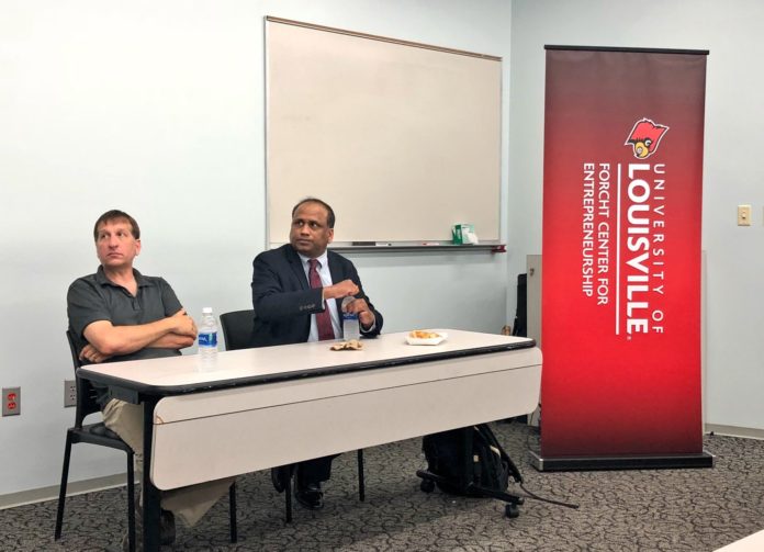 Drs. Thad Druffel (left), of Bert Thin Films and Mahendra Sunkara (right), of Advanced Energy Materials LLC, spoke at the pilot event of ShareIt, where UofL researchers share their experience with research commercialization.