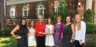 Employees from UofL's health and wellness team, from left, Julia Mackenzie-Rollinson, Tamara Iacono, Patricia Benson, Paula Kommor, Mary Corbett, Ketia Zuckschwerdt, Margaret Geraghty.