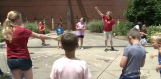 Space campers launch their film capsule "rockets" high into the air.