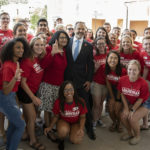 Students celebrate the opening of the new academic building with UofL President Neeli Bendapudi and Kentucky Gov. Matt Bevin.