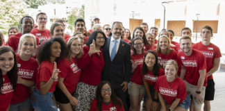 Students celebrate the opening of the new academic building with UofL President Neeli Bendapudi and Kentucky Gov. Matt Bevin.