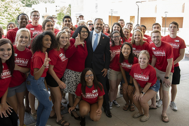 Students celebrate the opening of the new academic building with UofL President Neeli Bendapudi and Kentucky Gov. Matt Bevin.