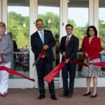 Dignitaries cut the ribbon to mark the building's opening. L-R: Interim Provost Beth Boehm, Kentucky Gov. Matt Bevin, SGA President Jonathan Fuller and President Neeli Bendapudi.